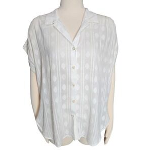 Hester & Orchard White Textured Dot Stripe‎ Short Sleeve Button Up Boho Top L